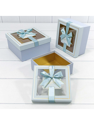 Коробка подарочная с окном и бантиком (голубая), 15*15*6,5см