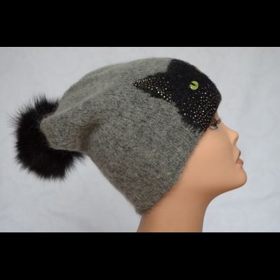Модная итальянская шапка с кошкой и помпоном Vizio 6718 серая
