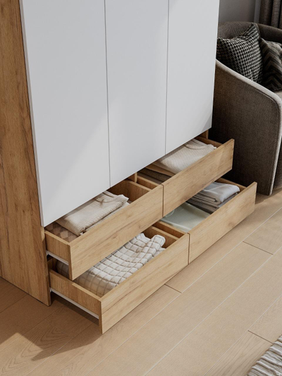 Абрау Шкаф трехстворчатый с ящиками и антресолью Дуб золотой/Белый