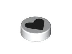 Tile, Round 1 x 1 with Black Heart Pattern, White (98138pb362 / 6432105)