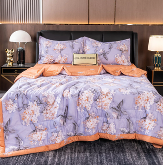 Комплект постельного белья 1.5 спальное или Евро сатин с одеялом покрывалом рисунок Цветы Веточки OB106