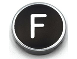 Tile, Round 2 x 2 with Bottom Stud Holder with Silver Capital Letter F on Black Background Pattern, Light Bluish Gray (14769pb427 / 6352989)