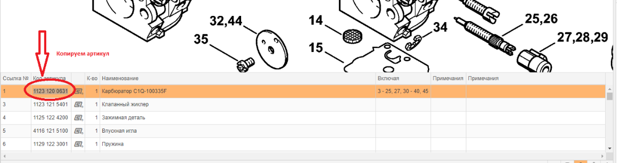 выбор артикула запчасти штиль