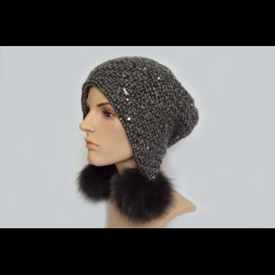 Серая женская шапка ушанка с помпонами Vizio 6444 Италия