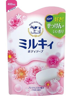 Жидкое мыло для тела аромат цветов с керамидами и молочными протеинами Cow Brand Milky Body Soap (400 мл, м/у)
