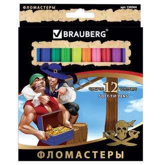 Фломастеры BRAUBERG "Корсары", 12 цветов, вентилируемый колпачок, картонная упаковка с золотистым тиснением, 150564, 6 наборов