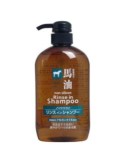 KUMANO YUSHI Horse Oil Rinse in Shampoo Шампунь-кондиционер, с лошадиным маслом, для поврежденных и ломких волос, 600мл.