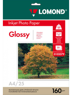 Односторонняя Глянцевая фотобумага Lomond для струйной печати, A4, 160 г/м2, 25 листов.