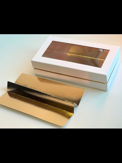 Коробка для пирожных/макарони с/о ПРЕМИУМ с/лож (белая/золото), 210*110*55мм