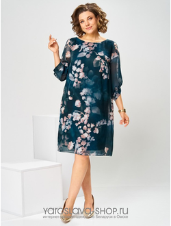 Модель:1-2792.Женское платье прямого силуэта в синем цвете с цветочным принтом