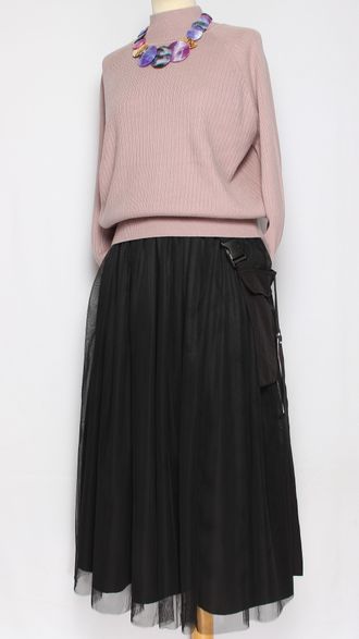 Юбка  "Широкая сетка навесной карман" черная до р.52