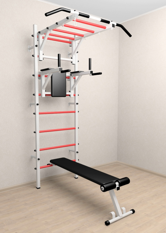 Шведская стенка в квартиру с турником рукоходом , брусьями и скамьей для пресса. С креплением к стене  "Рукоход"