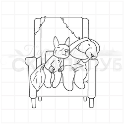 штамп бельчонок и зайчонок спят в кресле