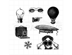 Набор штампов Стимпанк - дирижабль, очки, лампочка, рука, фотоаппарат, воздушный шар