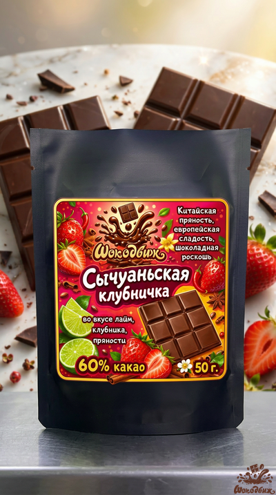 Темный 60% шоколад "Сычуаньская клубничка"плитка 50 г