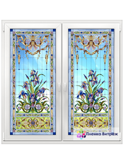 Витражная пленка, витражная пленка самоклеющаяся под заказ,пленочный витраж флора с голубыми ирисами