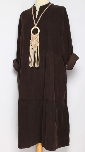 Платье-рубашка Бохо "Стойка вельветовое " два яруса шоколад до р.56
