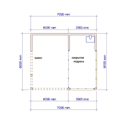003 навес для авто с зоной отдыха. ГАБАРИТНЫЕ РАЗМЕРЫ: (7Х7М), ОБЩАЯ ПЛОЩАДЬ: 49М²