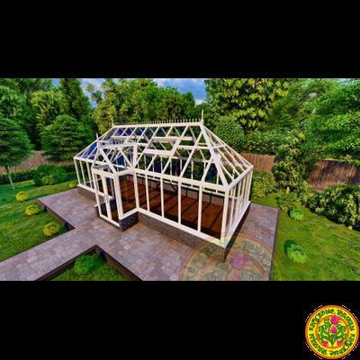 Базовая комплектация теплицы в английском стиле с холлом из стекала и алюминия ВИКТОРИЯ SL размером 8000 х 3000 мм