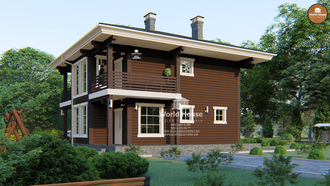 Каркасный двухэтажный дом с тремя балконами, террасой и сауной. Проект №130.