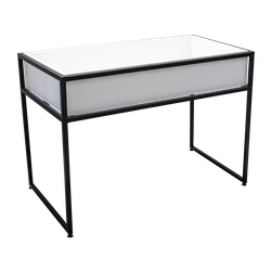 Стеллаж для демонстрации товаров из ЛДСП и металла с четкими линиями