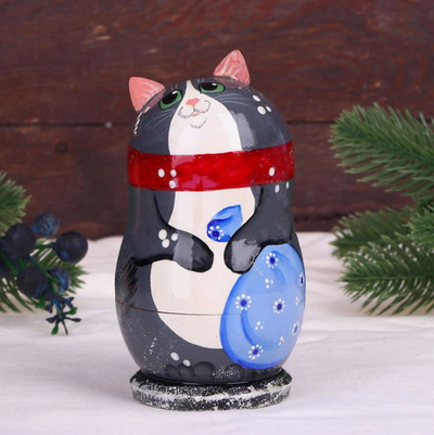 Матрёшка «Котик» с ёлочными деревянными игрушками, 7шт