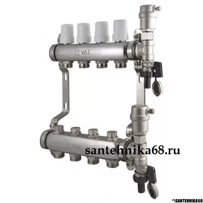 Коллекторная группа из нержавейки в сборе Valtec 1" х 4 выхода Евроконус 3/4 для теплого пола
