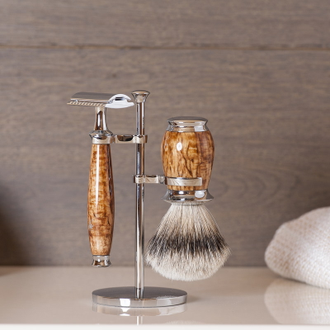 Бритвенный набор Muehle Purist, каповая береза, барсучий ворс высшей категории Silvertip, Т-образная бритва