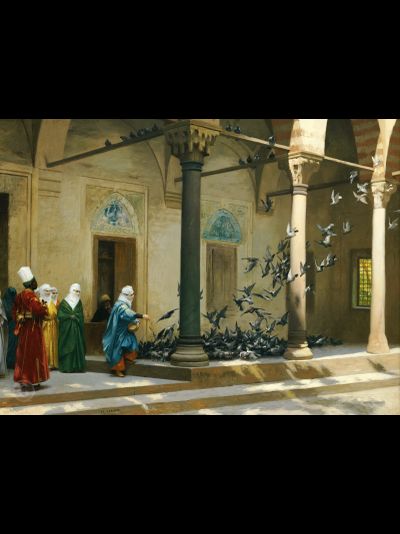 Картина обогреватель, репродукция Жан-Леона Женщины гарема, кормящие голубей