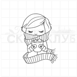 Штамп девочка с чашкой какао с зефирками в руках