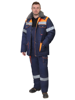 Костюм ЛИДЕР-М куртка дл., п/к синий с оранжевым, мех. воротник, СОП