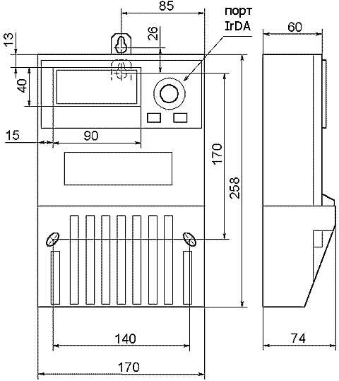 ГАБАРИТНЫЙ ЧЕРТЕЖ СЧЕТЧИКА МЕРКУРИЙ 230 AR