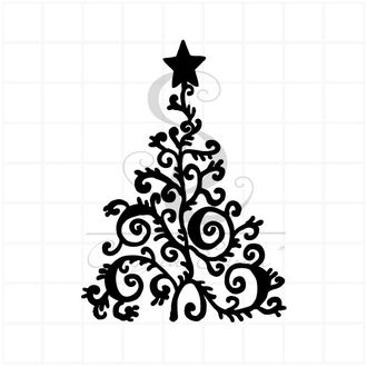штамп для скрапбукинга Новогодняя елка с завитками и звездой