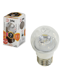 Лампа светодиодная ЭРА, 7 (60) Вт, цоколь E27, прозрачный шар, теплый белый свет, 30000 ч., LED smdP45-7w-827-E27-Clear, P45-7w-827-E27c