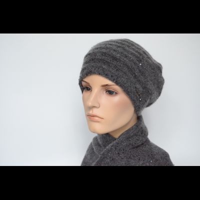 Темно - серый вязаный женский берет полосами Vizio Италия 8067 B