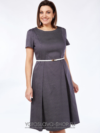 Женское платье А-силуэта темного синего цвета в мелкий рисунок