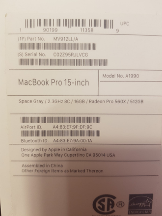 APPLE MACBOOK PRO RETINA TB 2019 MV912LL/A ( 15.4 WQXGA IPS I9-9880H RADEON PRO 560X(4GB) 16GB 512SSD )