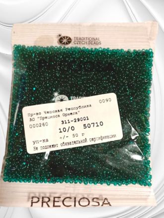 Бисер чешский круглый preciosa 10/0, изумрудный с квадратным отверстием (50710), 50 грамм