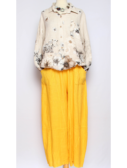 БРЮКИ БОХО "ЛЁН фигурные швы" желтые р.50-58