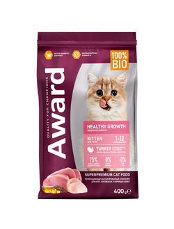 Сухой корм AWARD Healthy growth для котят от 1 месяца, беременных и кормящих кошек с индейкой и курицей с добавлением рыбьего жира и семян льна 400г