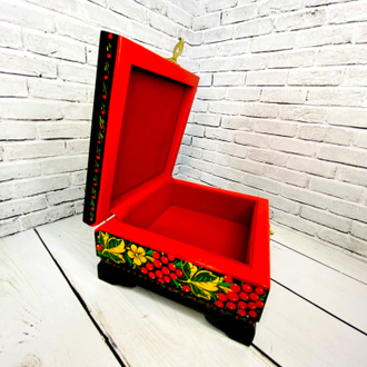 Шкатулка для украшений Птица с рябиной 120*115 мм деревянная с росписью Хохлома