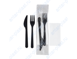 Комплект №3 (вилка черная, нож черный, салфетка белая)