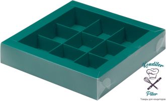 Коробка на 9 конфет с пластиковой крышкой 155*155*30 мм, зеленая матовая