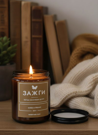 Аромасвеча "Кожа & Гранат" | «Когда захочешь денег»