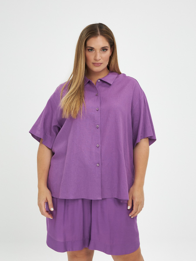 Летняя рубашка с коротким рукавом из льна с отложным воротником