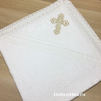 Кружевное полотенце  (крыжма) с капюшоном или без, размер 100х100см, вышивка золото-серебро, можно вышить имя