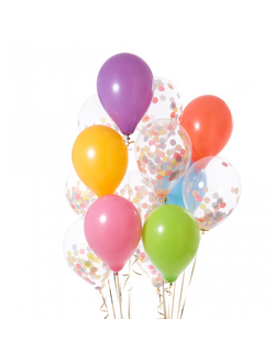 Фонтанчик из 15 шаров в радужной палитре и конфетти