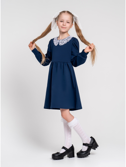 Платье синее с кружевным воротником