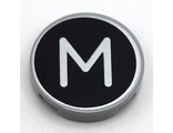 Tile, Round 2 x 2 with Bottom Stud Holder with Silver Capital Letter M on Black Background Pattern, Light Bluish Gray (14769pb434 / 6353002)