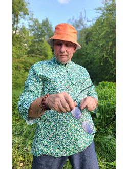 Русская рубашка "Сорочица"  мужская, с зеленым принтом